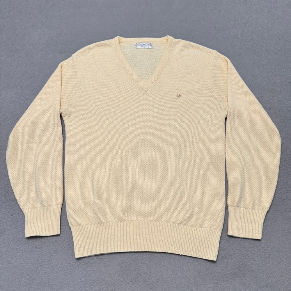 Christian Dior Sweater Mens L Yellow V-Neck Orlon Acrylic Vintage Made in USA
